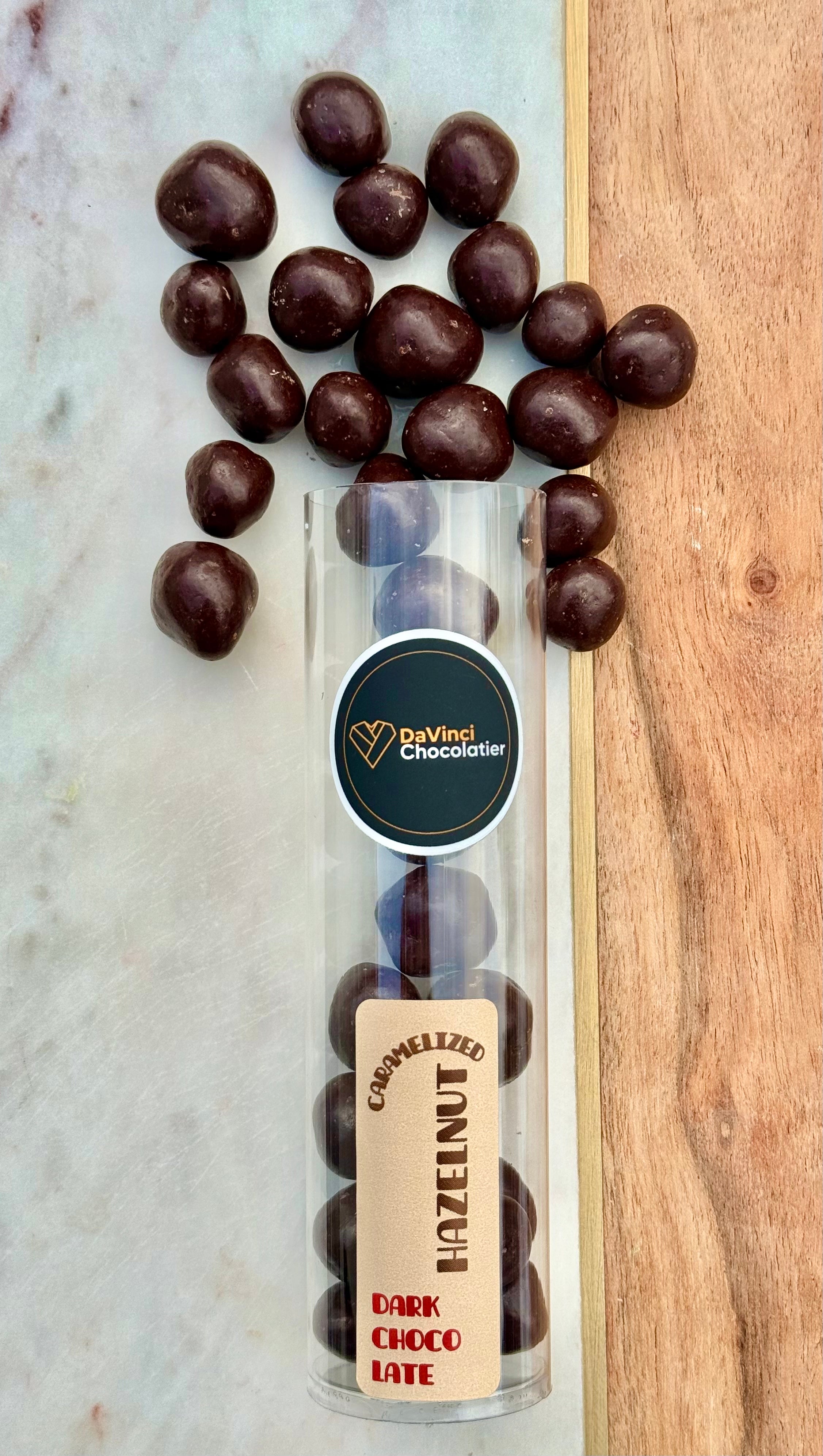 Caramelized Hazelnuts Covered in Dark Chocolate