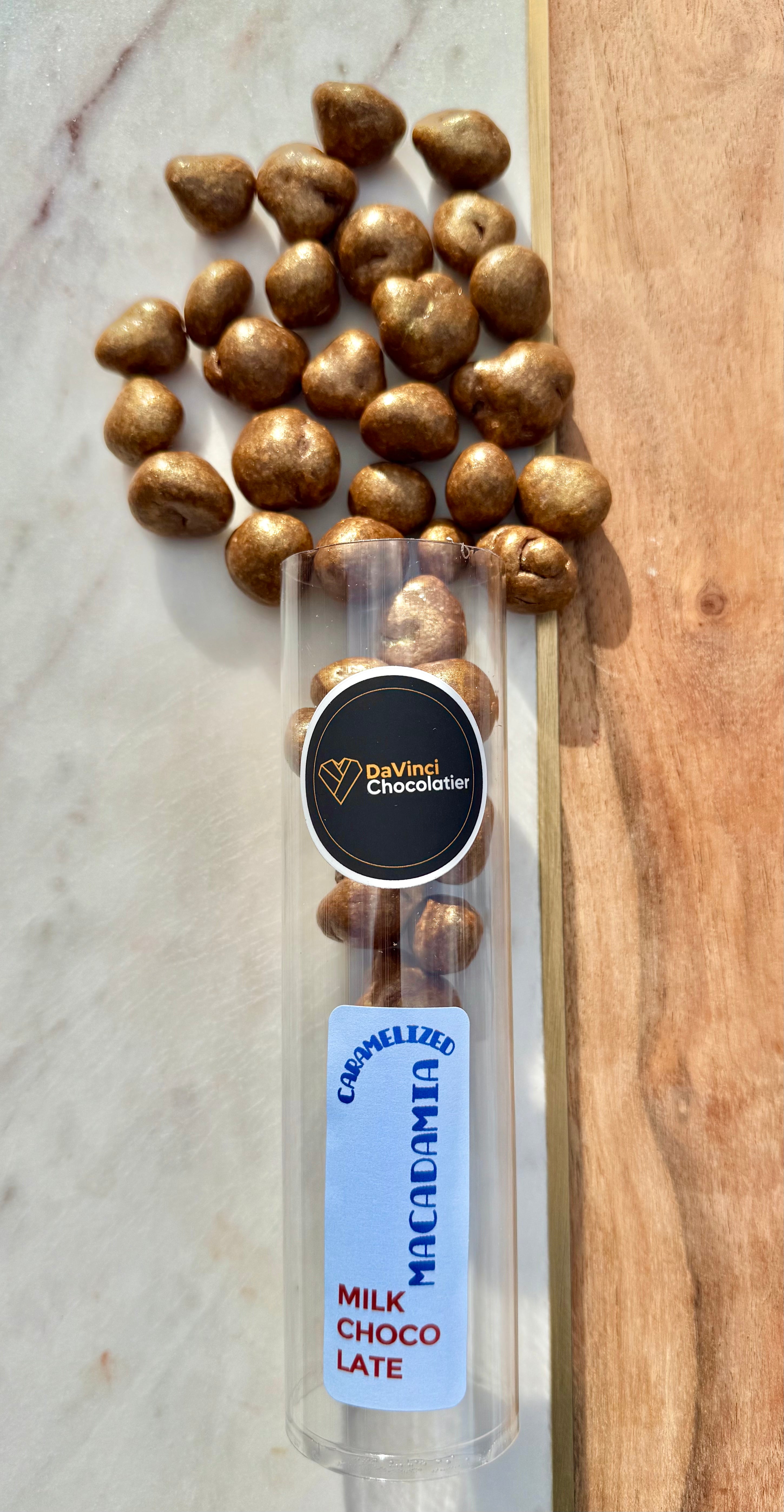 Caramelized Macadamias in Dark Chocolate